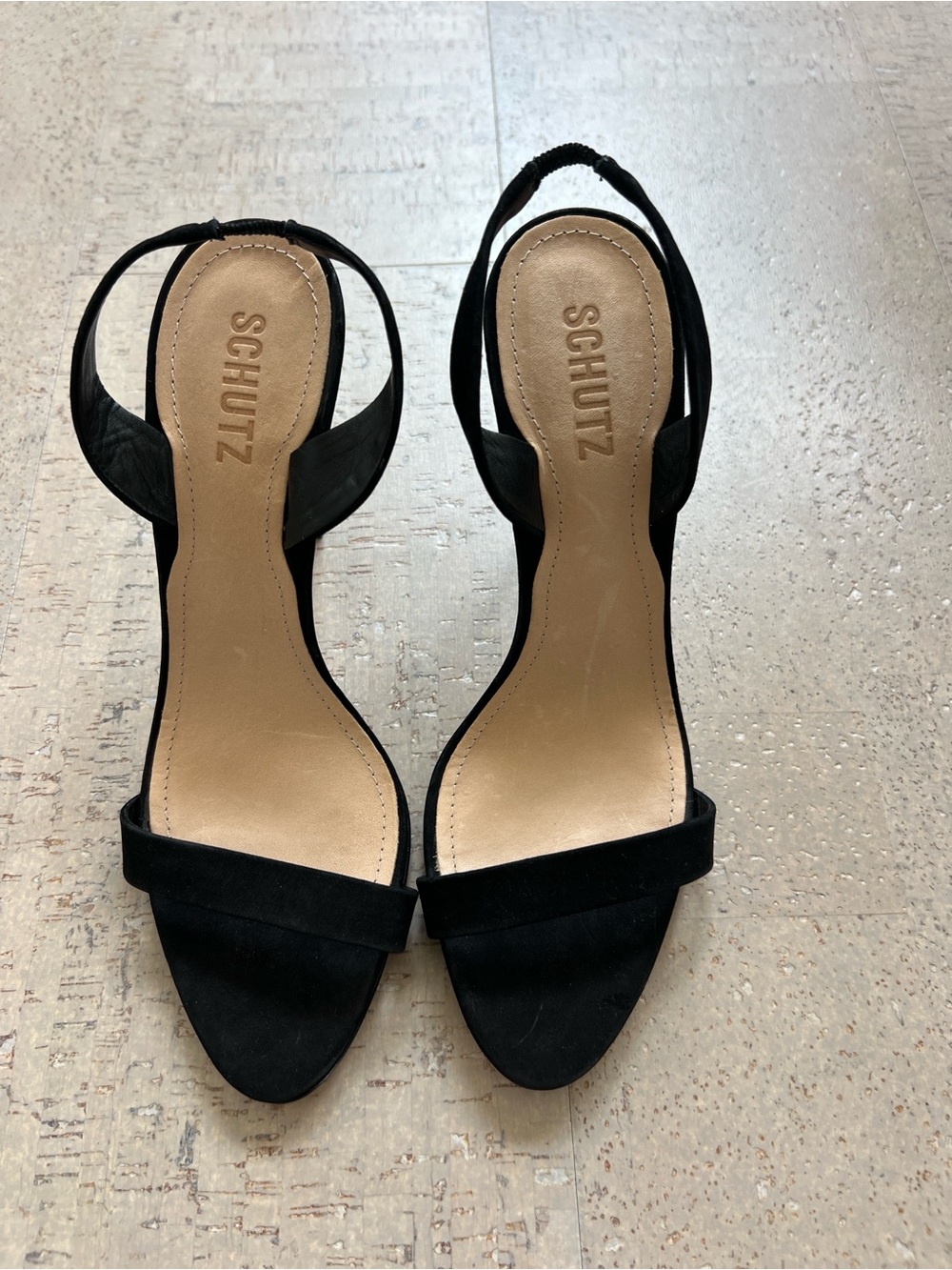 SCHUTZ Luraine Black Suede Open-Toe Slingback Heels Sandals